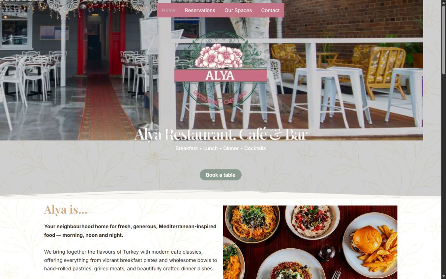 Alya Restaurant website homepage