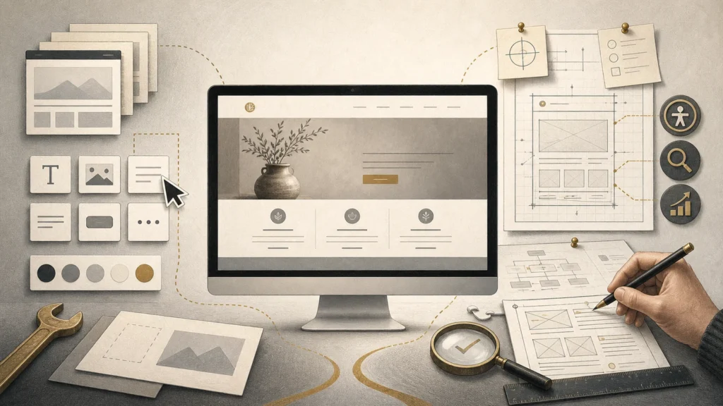 Illustration comparing a no-code DIY website builder with professional website planning, design, accessibility and testing.