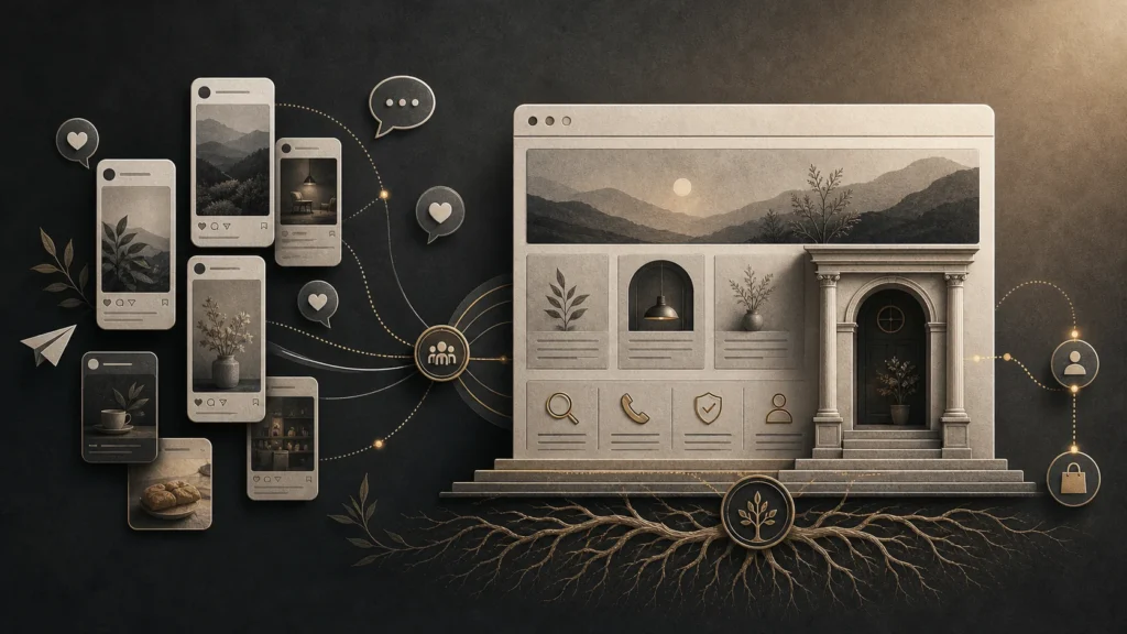 Illustration of social media posts connecting customers to a stable, rooted small-business website.