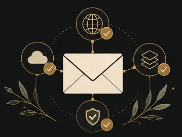 Illustration of reliable email infrastructure connected to cloud, security and delivery checks