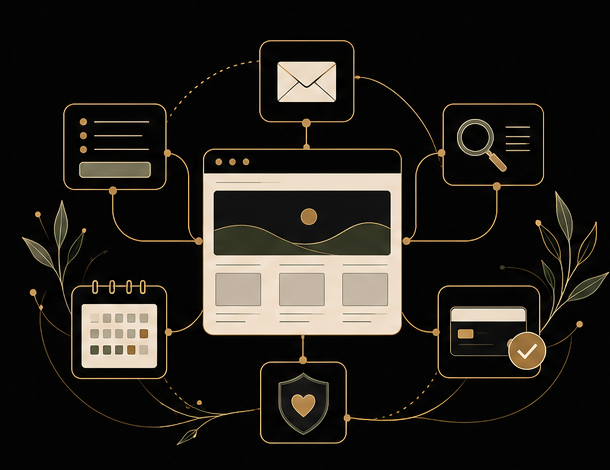 Illustration of a website connected to forms, bookings, email, SEO, payments and care systems