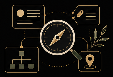 Illustration of SEO foundations with search, sitemap and local visibility signals