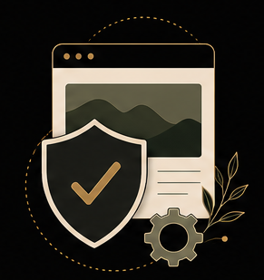 Illustration of website care and support with a shield and maintenance tools