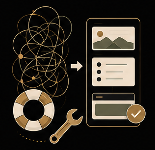 Illustration of a tangled website problem being organised into a working system