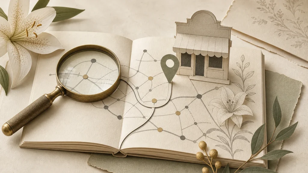 Parchment editorial illustration of a magnifying glass, route map and small shopfront representing small-business SEO