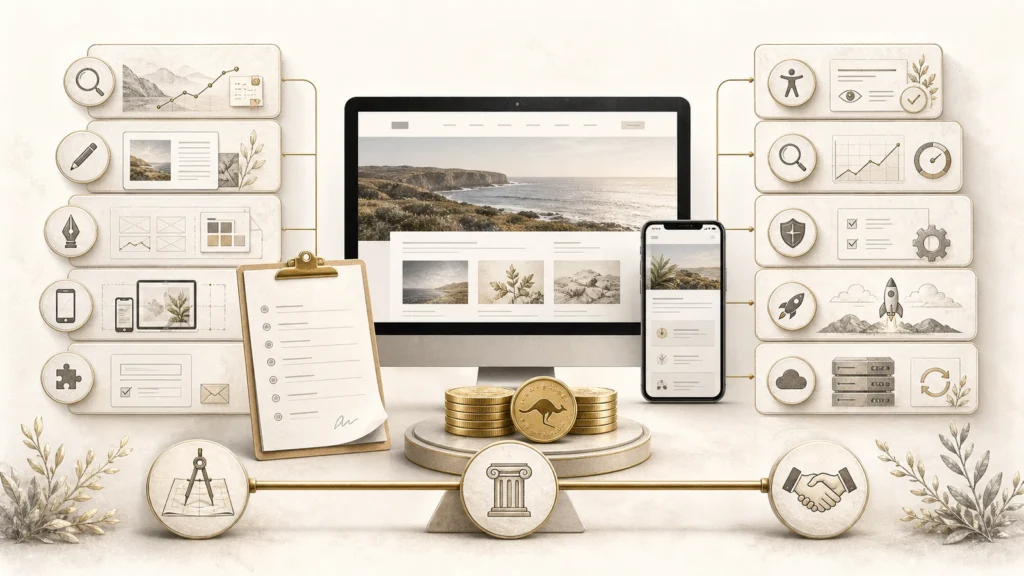 Illustration showing the planning, content, design, accessibility, testing, hosting and support included in a professional website price.