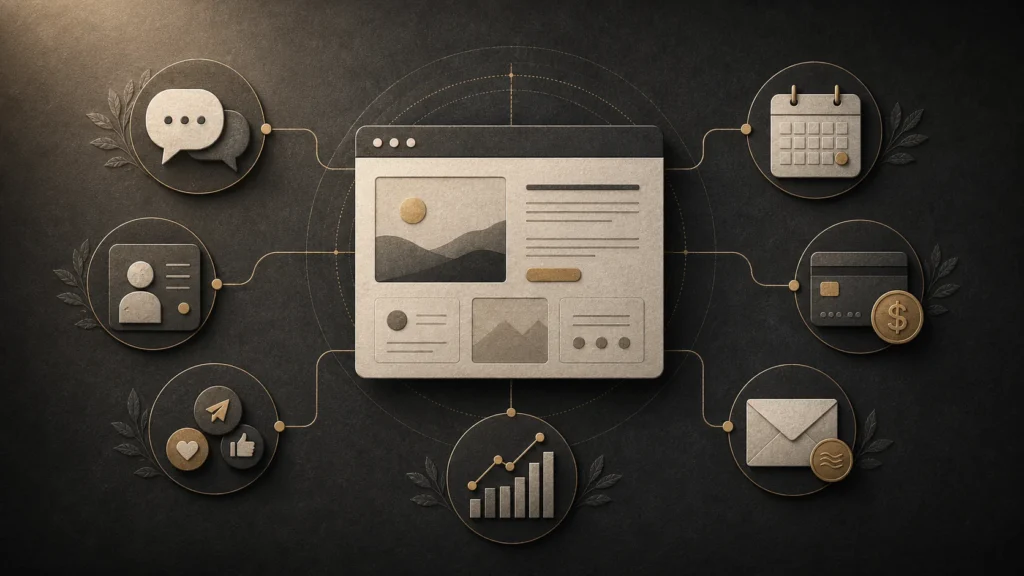 Illustration of a website connected to customer messages, contacts, social media, bookings, sales, email and reporting.