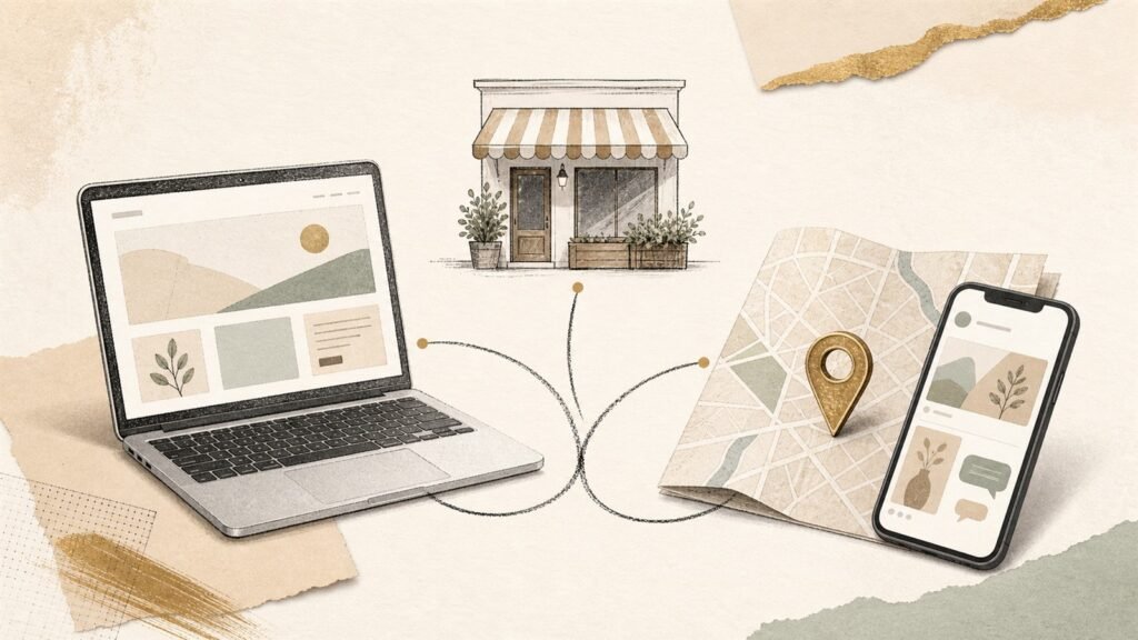 Editorial illustration of a small-business website, local map pin and social media connected to one shopfront