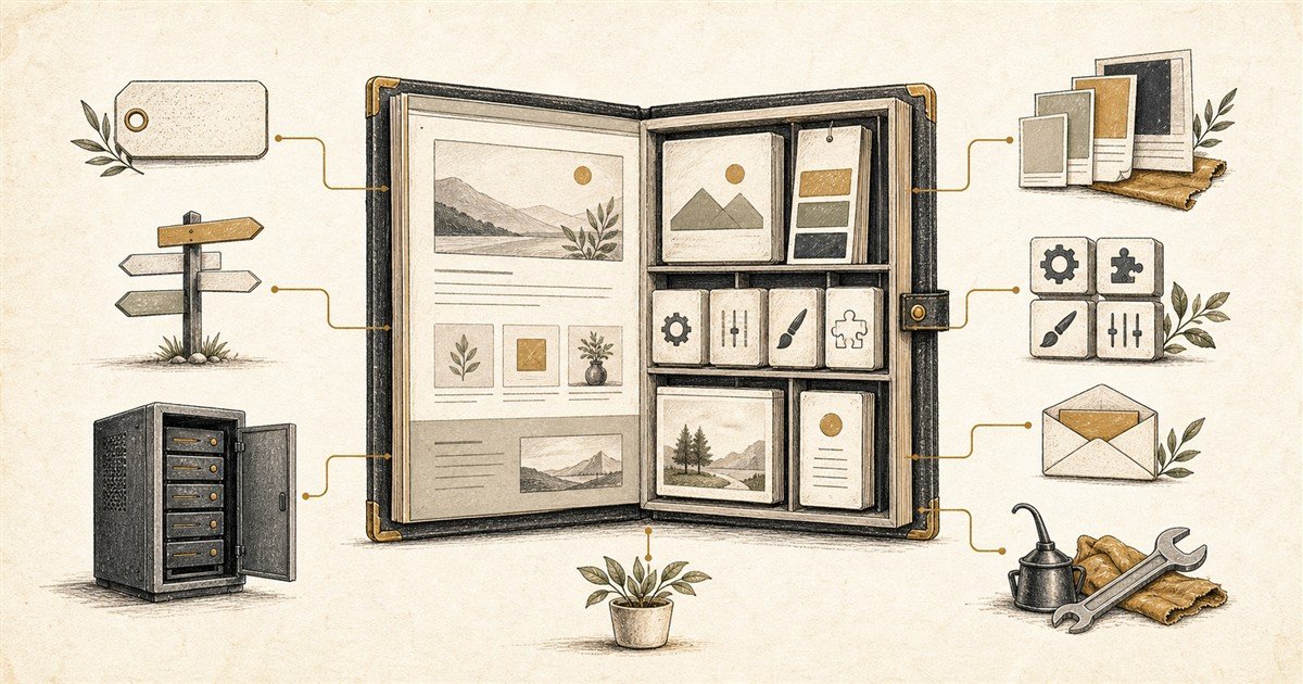 Social image illustrating the parts of a WordPress website system