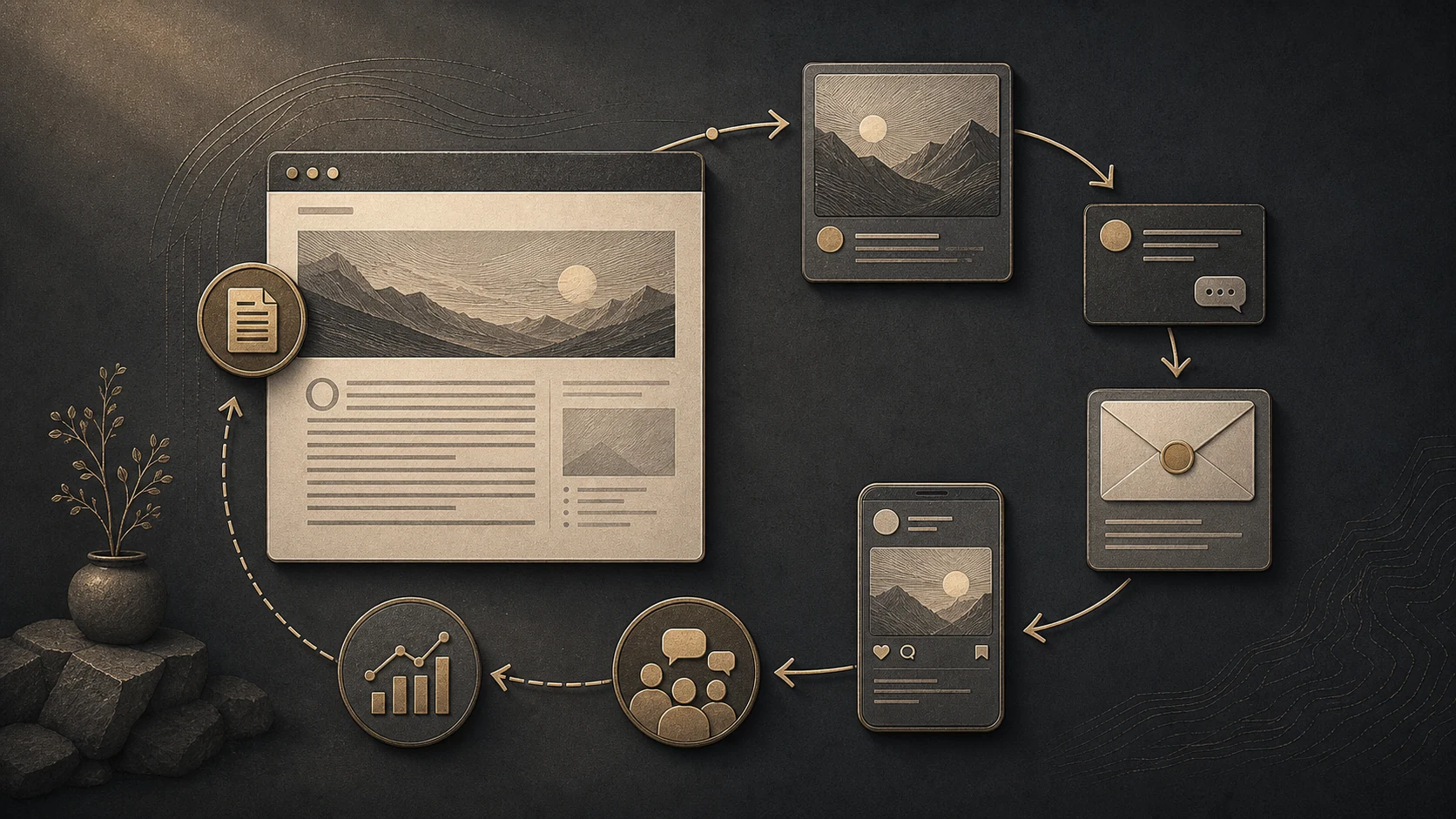 Illustration of a WordPress article being adapted into social media posts and email, with engagement flowing back to the website.