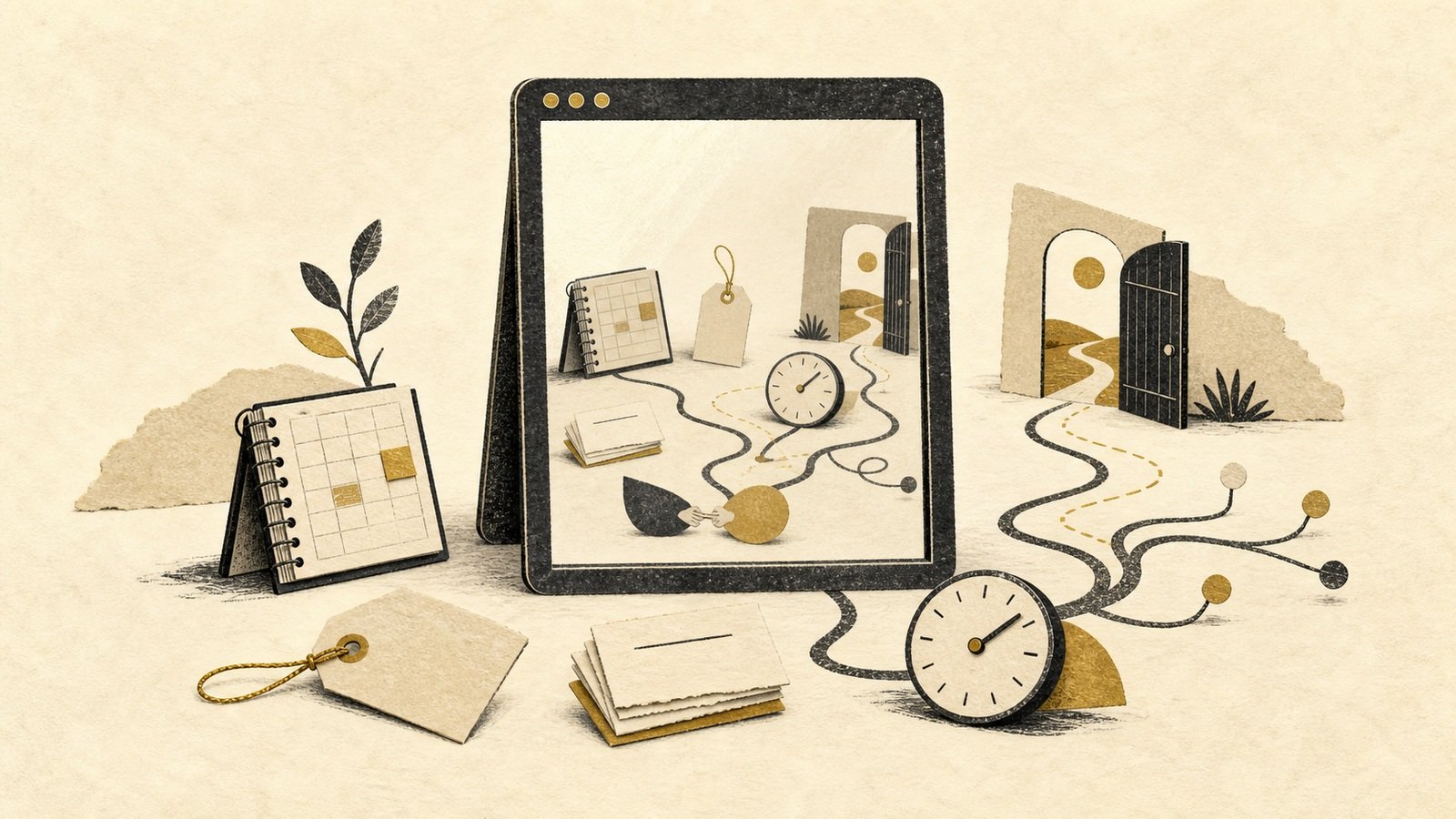 Paper-collage illustration of a website frame reflecting a calendar, price tag, clock and branching customer pathways