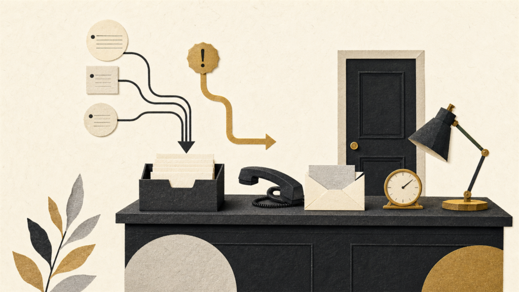 Paper-collage desk with customer messages, a telephone, clock, closed door and separate urgent response route
