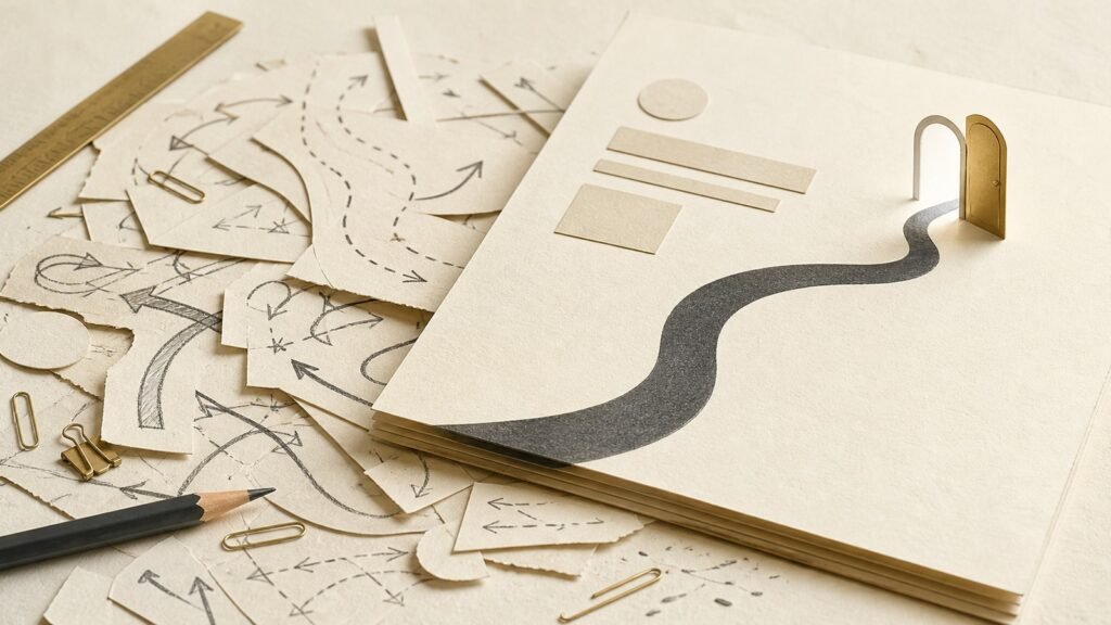 Editorial paper collage showing tangled draft pathways beneath a clear route to an open door