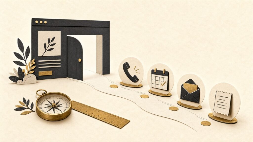 A parchment editorial illustration of a website pathway leading to phone, booking, enquiry and sale outcomes