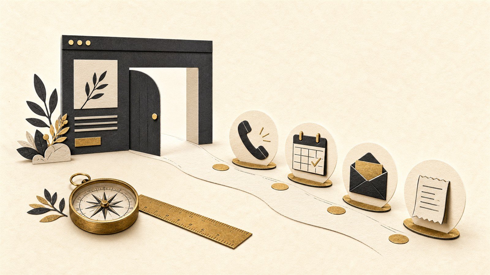 A parchment editorial illustration of a website pathway leading to phone, booking, enquiry and sale outcomes