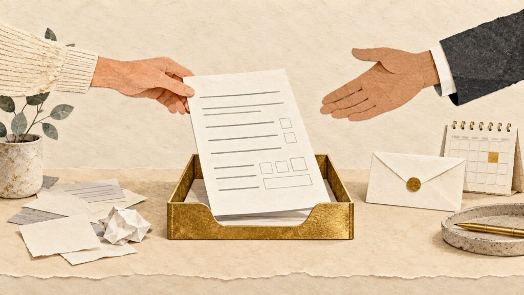 Paper website form being passed between a customer and business above a gold routing tray